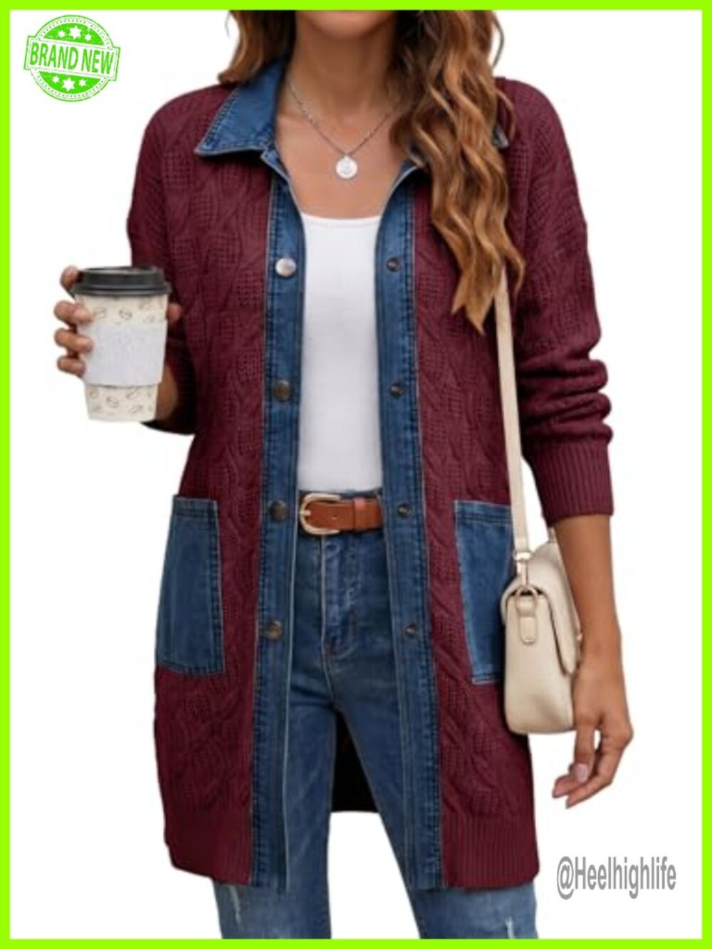 Dokotoo Cardigan Sweaters for Women Denim Patchwork Button Down Cable Knit